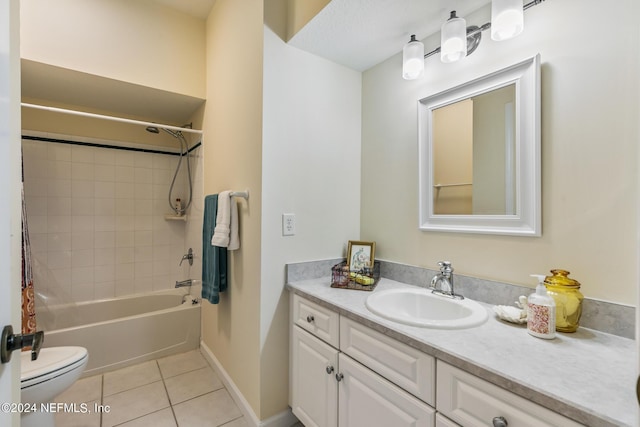 bathroom with toilet, tile patterned floors, vanity, baseboards, and shower / tub combo with curtain