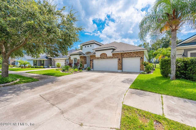 view of front facade featuring a front lawn and a garage