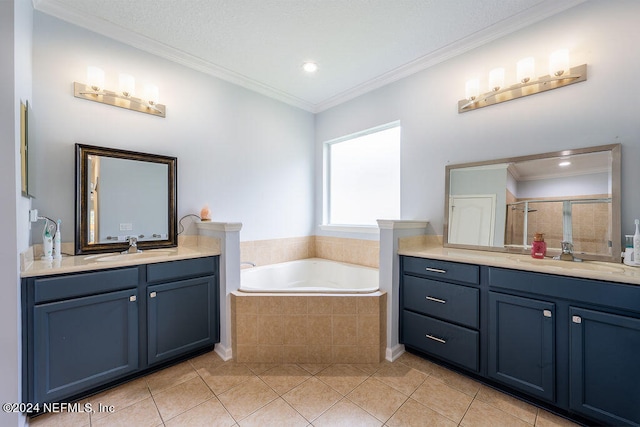 bathroom featuring vanity, crown molding, separate shower and tub, and tile patterned flooring