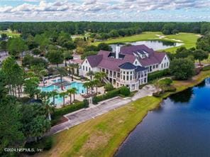 aerial view featuring a water view