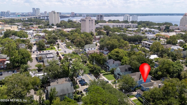 aerial view with a water view and a city view