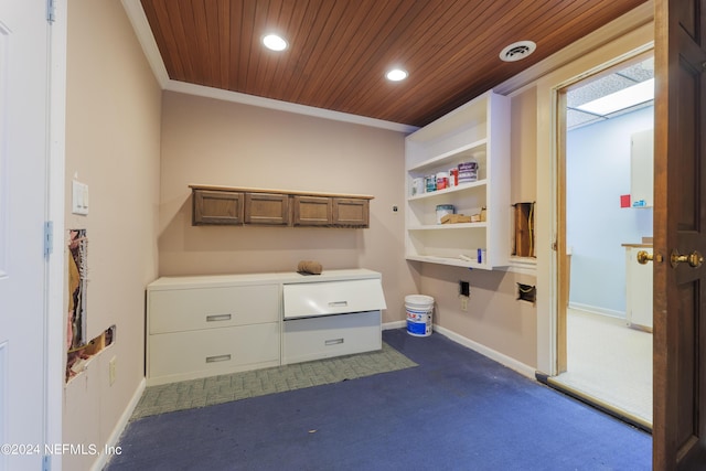 clothes washing area featuring wooden ceiling, baseboards, crown molding, and recessed lighting