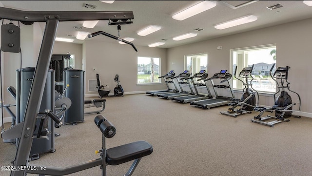 exercise room featuring a healthy amount of sunlight and water heater