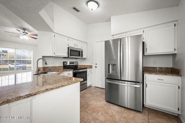 kitchen featuring sink, appliances with stainless steel finishes, ceiling fan, and dark stone counters