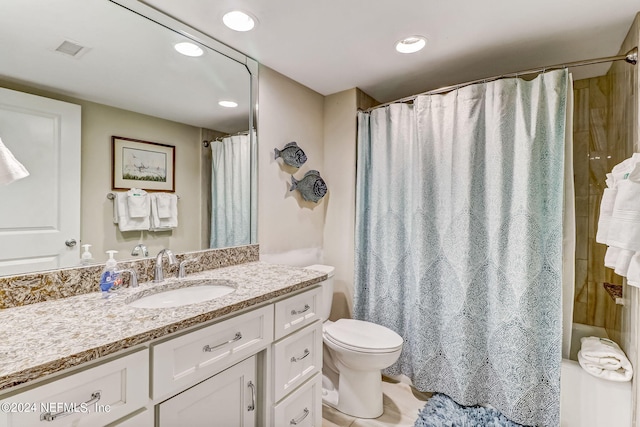 full bath with toilet, recessed lighting, visible vents, and vanity