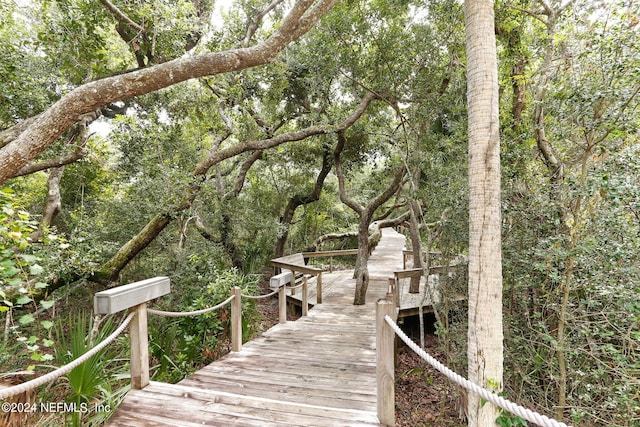 dock area featuring a wooded view