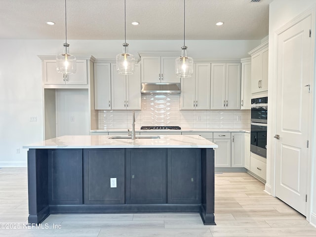 kitchen featuring a sink, decorative backsplash, under cabinet range hood, and wood finish floors