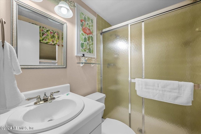 bathroom featuring a shower with door, vanity, and toilet