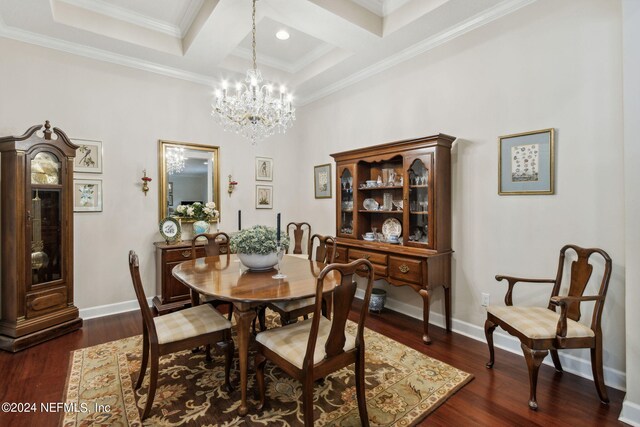 dining space featuring a notable chandelier, crown molding, beamed ceiling, coffered ceiling, and dark wood-type flooring