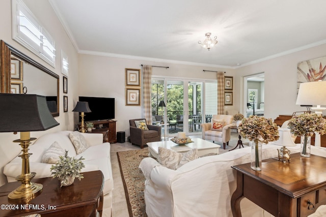 living room with light tile patterned flooring and ornamental molding