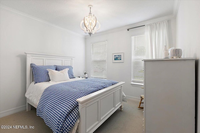 bedroom featuring a chandelier, light colored carpet, ornamental molding, and baseboards