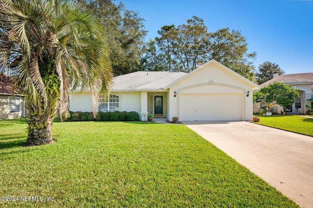 single story home with a garage and a front yard