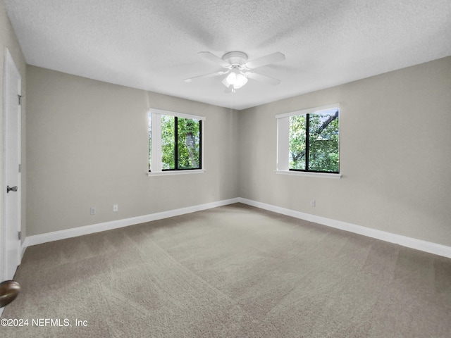 carpeted empty room featuring a wealth of natural light, a textured ceiling, and ceiling fan