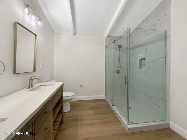 bathroom with toilet, hardwood / wood-style floors, vanity, and an enclosed shower