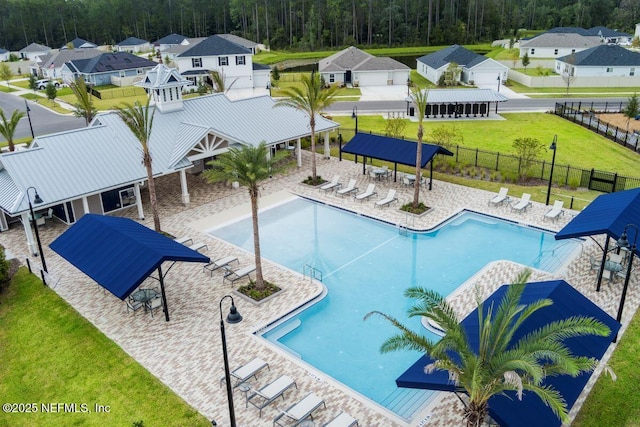 view of swimming pool with a lawn, a gazebo, and a patio area