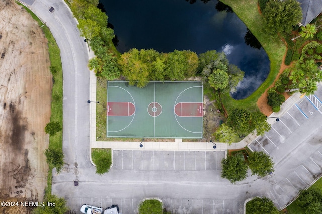 bird's eye view with a water view