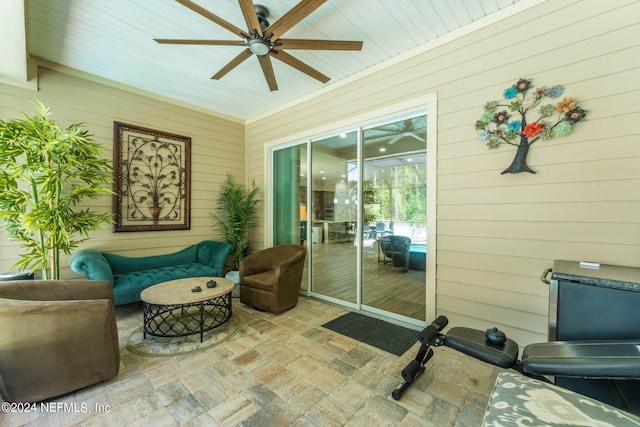 exterior space with wooden ceiling and ceiling fan