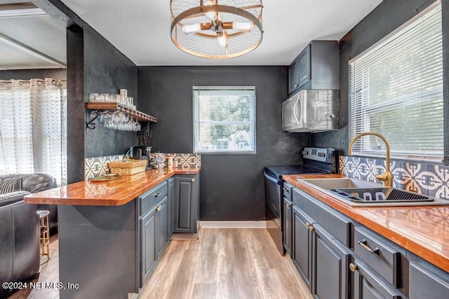 kitchen featuring gray cabinetry, sink, light hardwood / wood-style flooring, electric range, and butcher block countertops