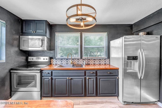 kitchen featuring backsplash, stainless steel appliances, sink, light hardwood / wood-style floors, and butcher block counters