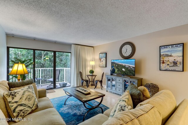 living room with light carpet and a textured ceiling