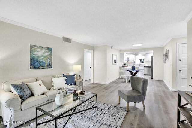 living room featuring light hardwood / wood-style flooring, ornamental molding, and a textured ceiling