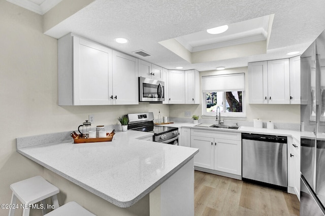 kitchen featuring sink, a breakfast bar area, white cabinets, kitchen peninsula, and stainless steel appliances