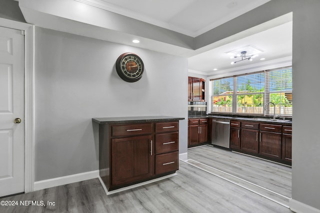 kitchen with backsplash, dishwasher, sink, crown molding, and light wood-type flooring