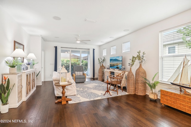 living room with wood-type flooring and ceiling fan