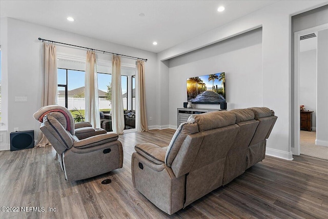 living room featuring dark wood-type flooring