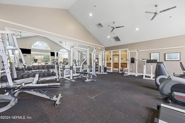 gym featuring high vaulted ceiling and ceiling fan