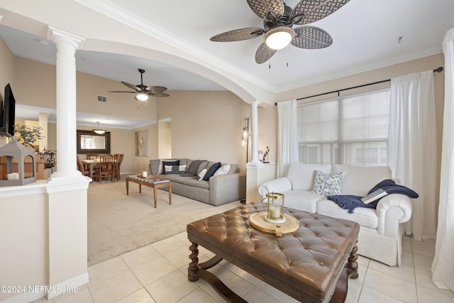 carpeted living room with ceiling fan, ornate columns, ornamental molding, and lofted ceiling