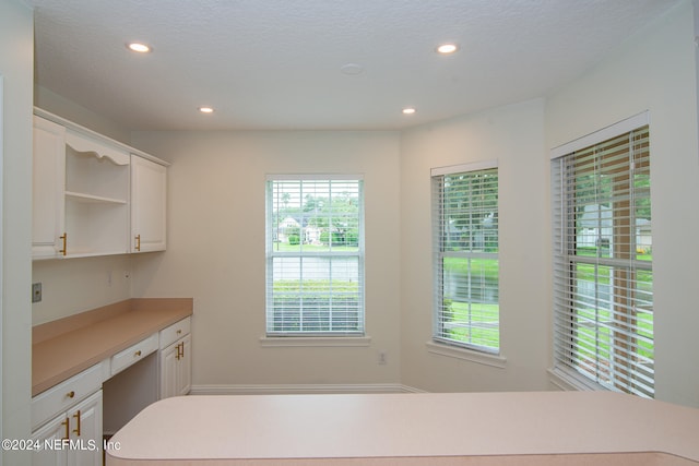 kitchen with built in desk, white cabinetry, and a wealth of natural light