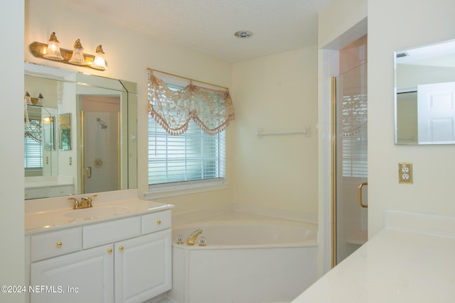 bathroom featuring vanity, a wealth of natural light, and plus walk in shower