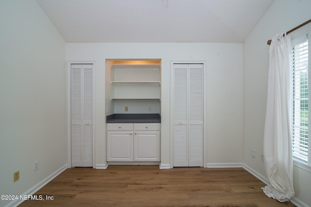 unfurnished bedroom featuring hardwood / wood-style floors, multiple closets, and multiple windows