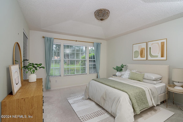 bedroom featuring light carpet, a textured ceiling, and a raised ceiling