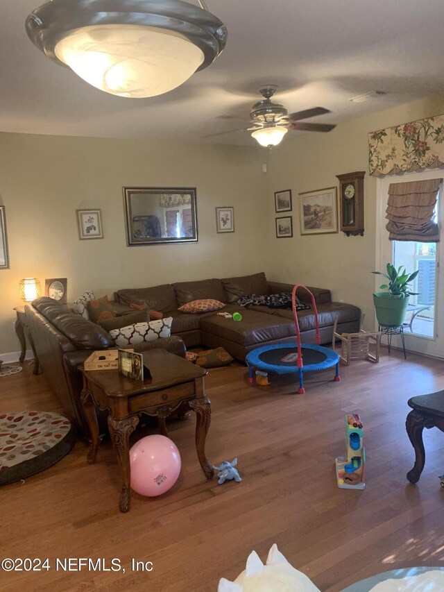 living room with ceiling fan and hardwood / wood-style flooring