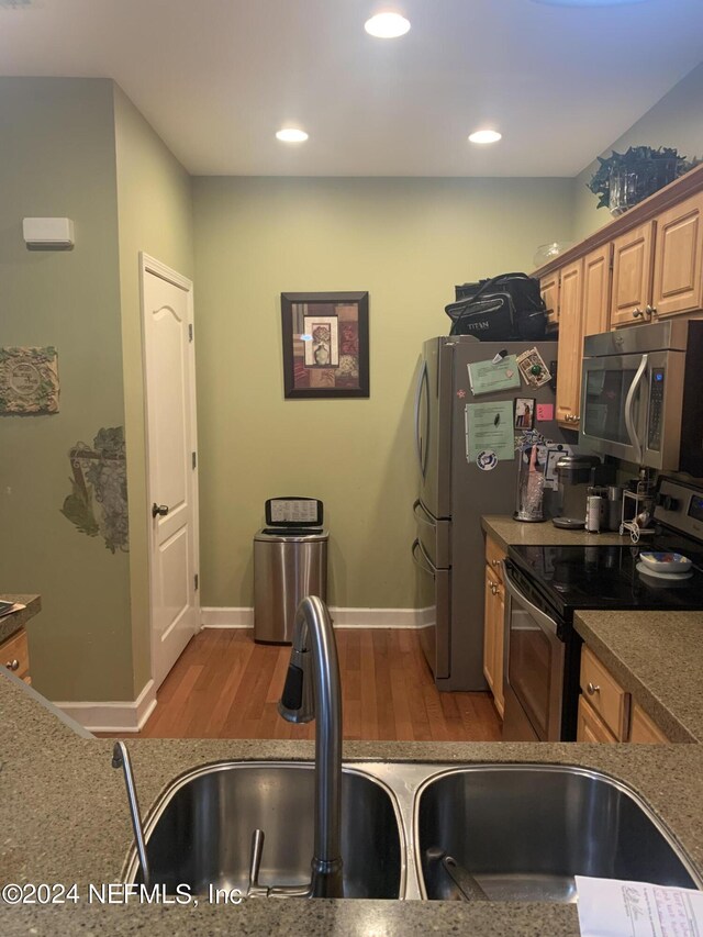 kitchen featuring light wood-type flooring, appliances with stainless steel finishes, and sink