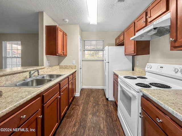 kitchen with sink, white appliances, dark wood-type flooring, and a textured ceiling