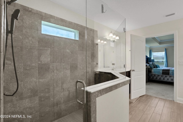 bathroom featuring a tray ceiling, a wealth of natural light, and a shower with door