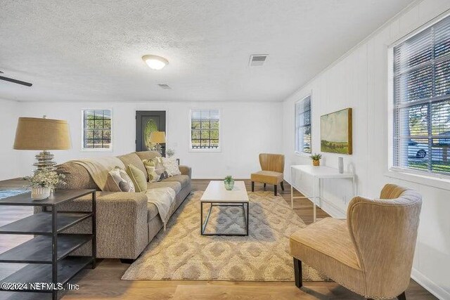 living room featuring a textured ceiling and hardwood / wood-style floors