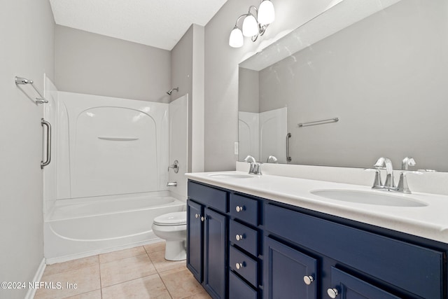 full bathroom featuring tile patterned flooring, double sink vanity, shower / tub combination, a textured ceiling, and toilet