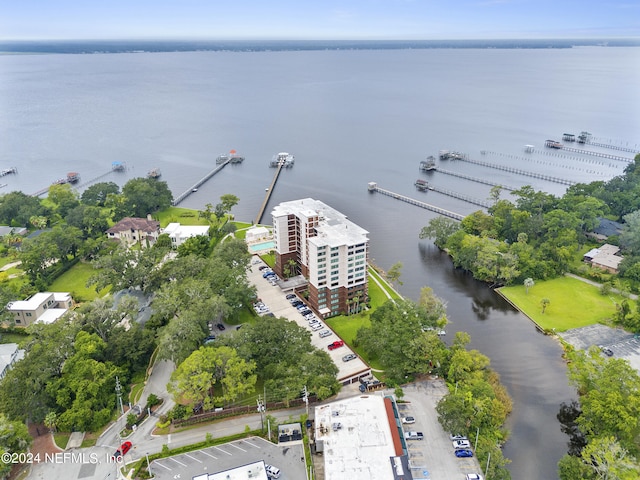 birds eye view of property featuring a water view