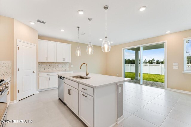 kitchen with a kitchen island with sink, appliances with stainless steel finishes, sink, and white cabinets