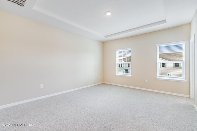 carpeted spare room with a raised ceiling