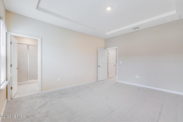 carpeted empty room featuring a raised ceiling