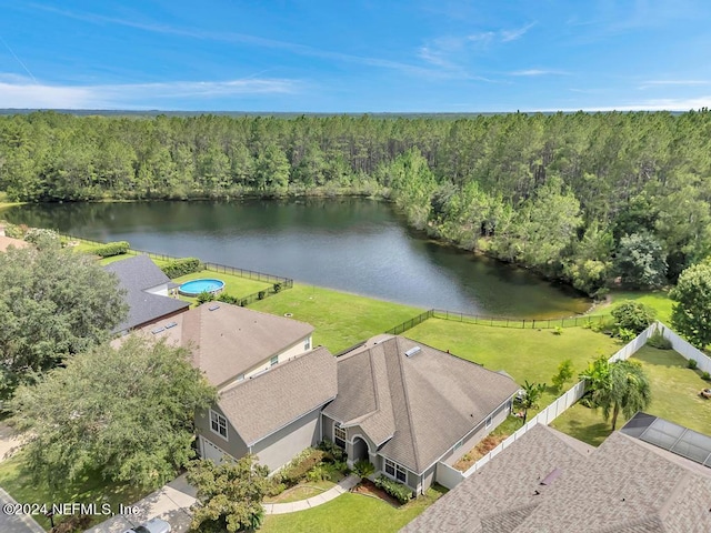 aerial view featuring a water view