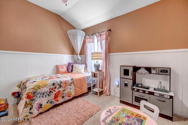 bedroom with lofted ceiling, sink, and a textured ceiling