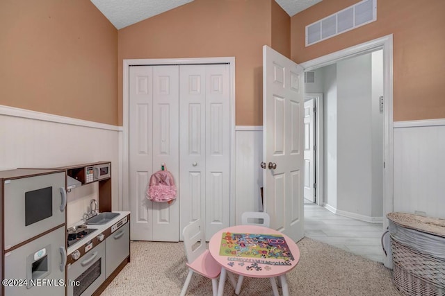 game room featuring lofted ceiling, sink, and a textured ceiling