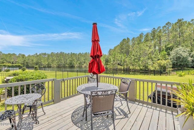 wooden deck with a water view and a lawn