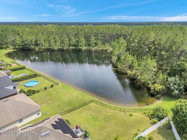 drone / aerial view featuring a water view